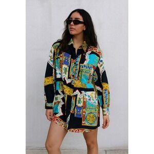 Vintage 90s Classiques Shirt Dress Womens XS Colorful Dragon Print Button Up